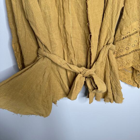 Kye Mi Women’s Mustard Cotton Tie Waist Bell Crochet Sleeved Cover Up Size M NWT - Picture 4 of 8